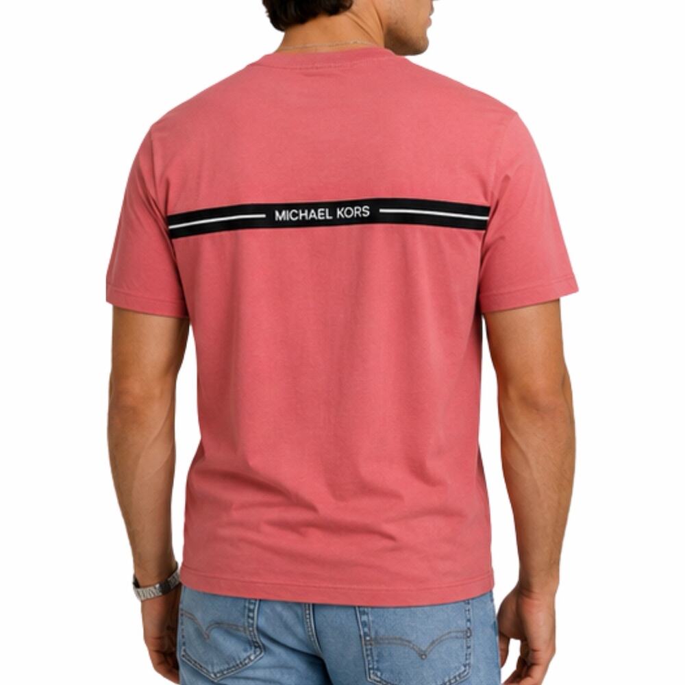 Michael Kors Mens Medium Coral Pink T Shirt MK Logo Back Stripe 100% Cotton